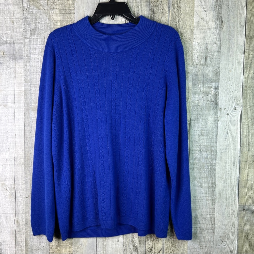 Allison Daley 2X Blue Mock Neck Long Sleeve Blue Ribbed Cable Knit Sweater